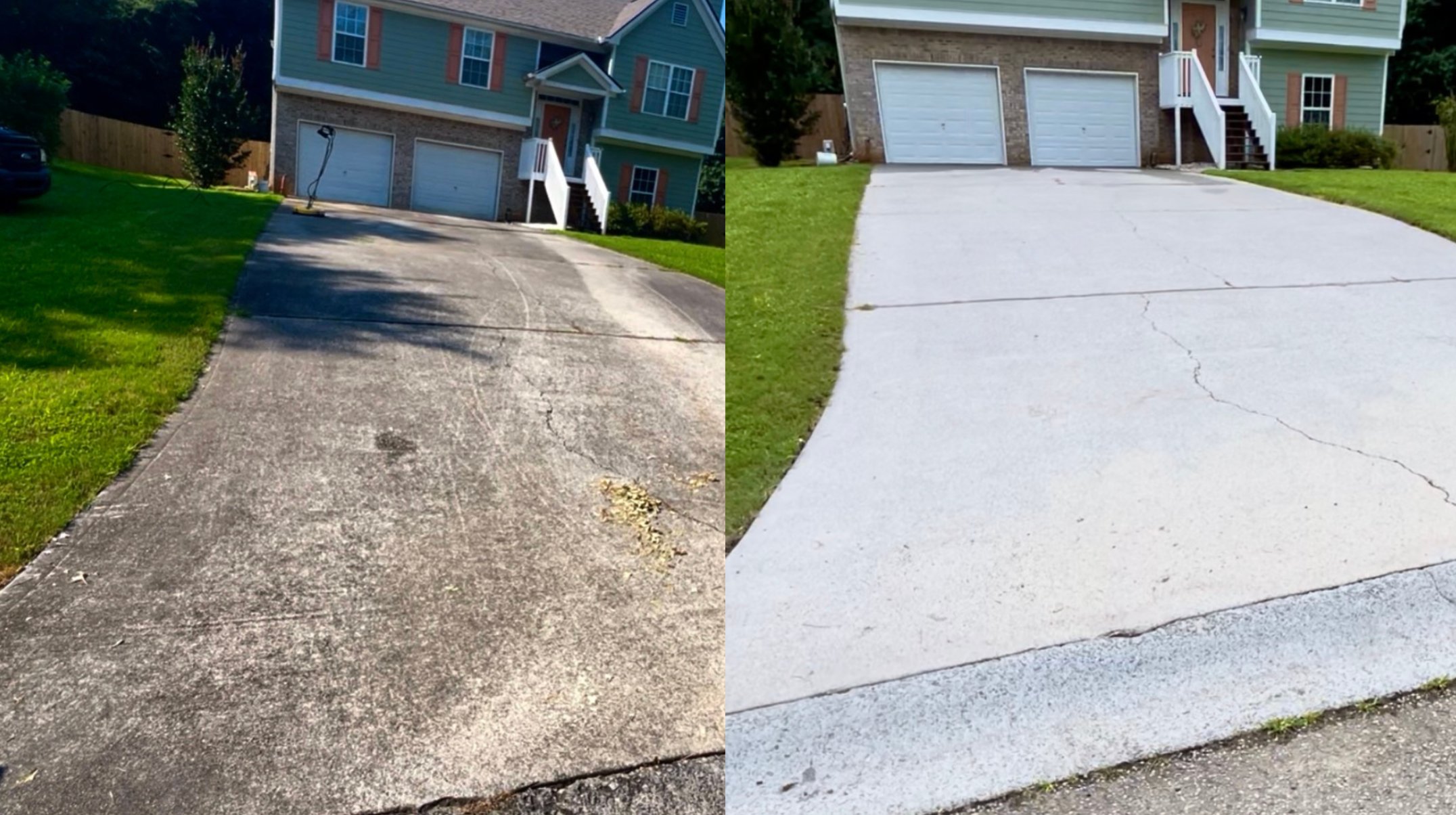 Driveway and garage concrete cleaning before and after