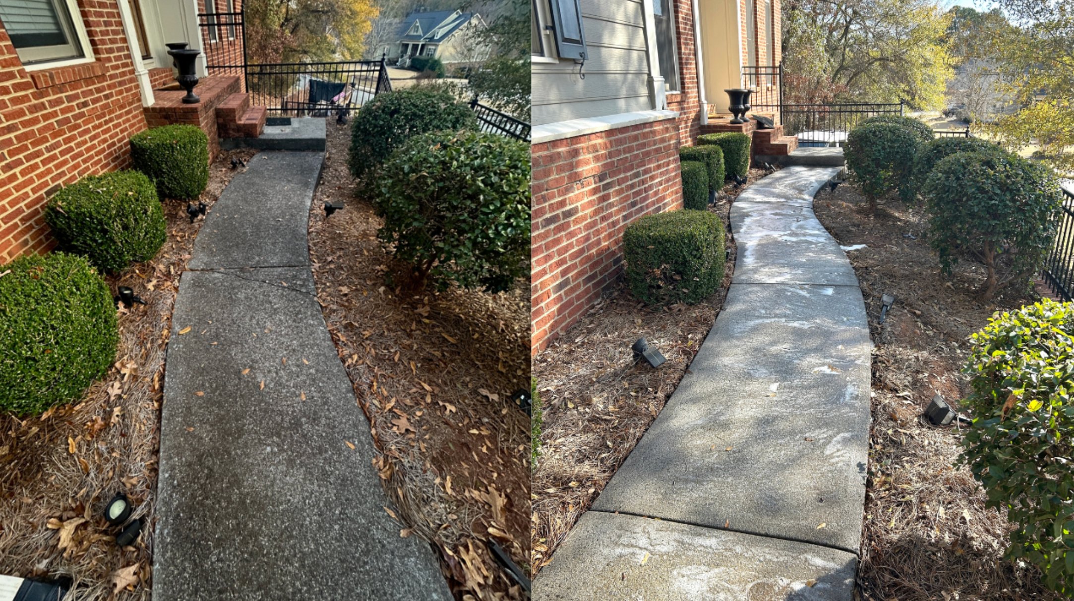 Concrete walkway cleaning before and after in Lake Norman, NC